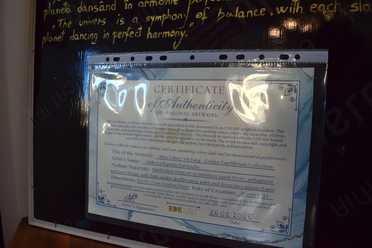 Certificate of Authenticity for Blue Galaxy Yin Yang string art – confirming originality concept and premium craftsmanship.