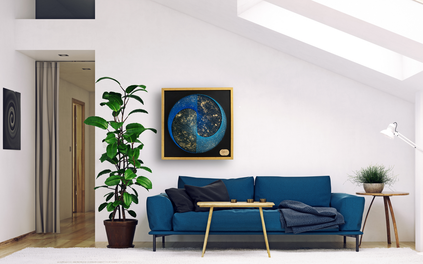 Blue Galaxy Yin Yang painting in a modern living room – elegant wall art for interiors inspired by balance, luxury, and symbolism.