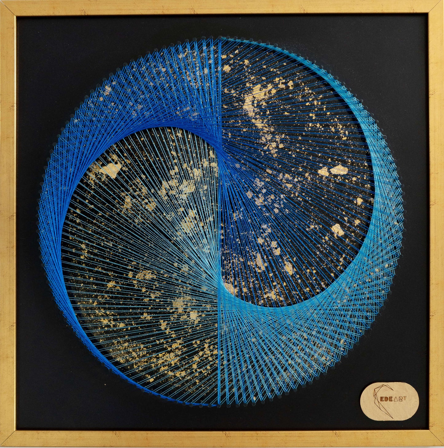 Front view of Blue Galaxy Yin Yang string artwork – black background, blue thread, gold flakes in the center, and elegant gold frame.