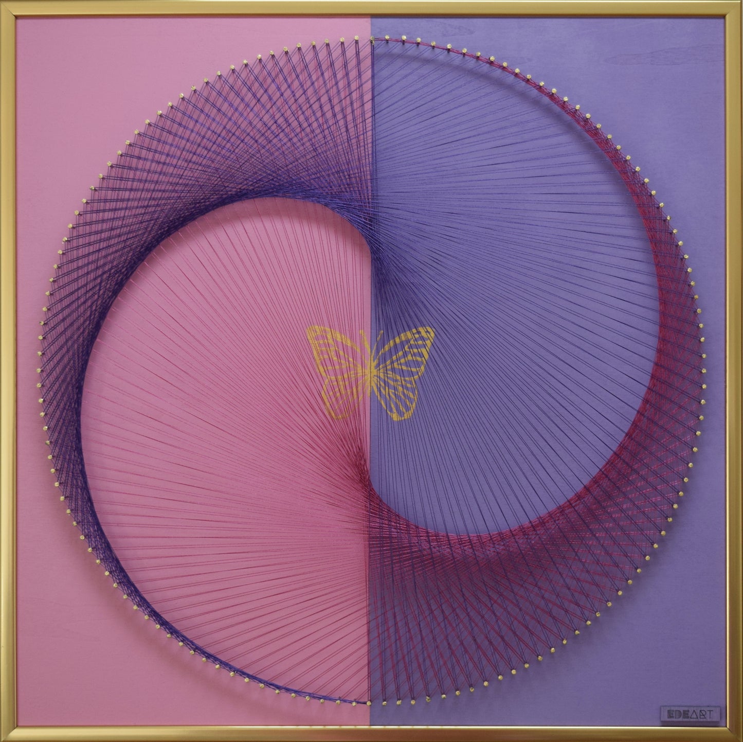 Butterfly Yin Yang string art from Golden Equilibrium collection, handmade with gold leaf, nails, and thread. Symbolic artwork for balance and transformation.