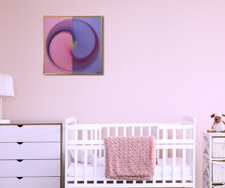 Soft and symbolic Butterfly Yin Yang artwork, perfect as wall decor for a baby girl’s nursery.