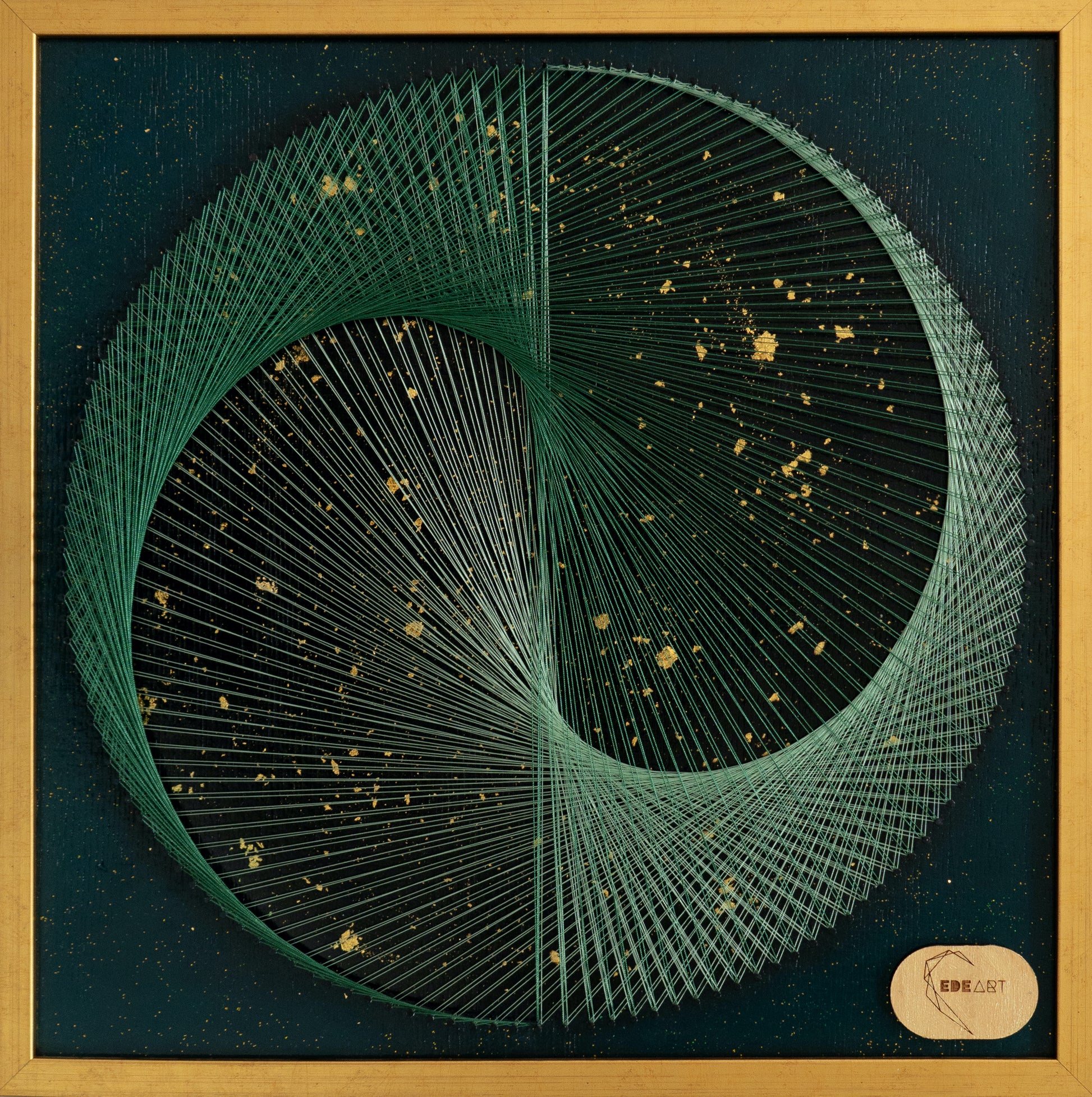 Full front view of Green Galaxy Yin Yang string art with gold glitter, gold flakes, and 22K gold leaf, framed in a golden frame.