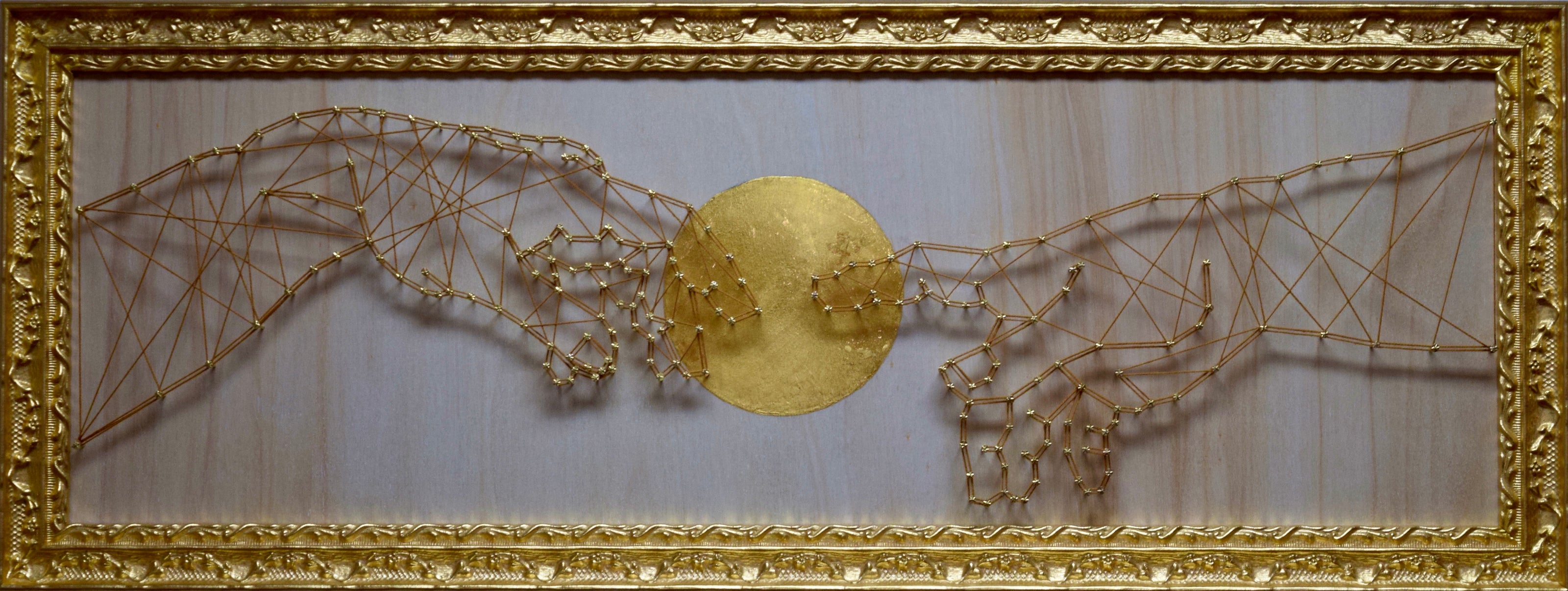 Modern reinterpretation of Michelangelo's Creation of Adam using string art, gold leaf, nails, and sacred geometry – symbolic artwork expressing divine connection and human awakening.