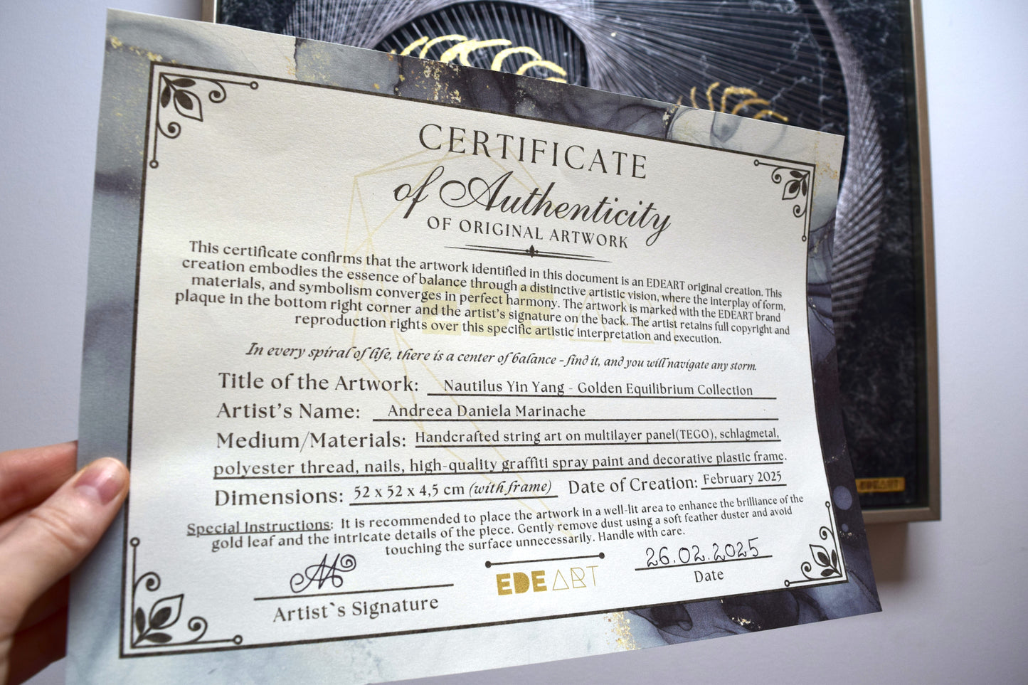 Certificate of Authenticity for Nautilus Yin Yang – confirming originality of the EDEART Concept of this artwork.