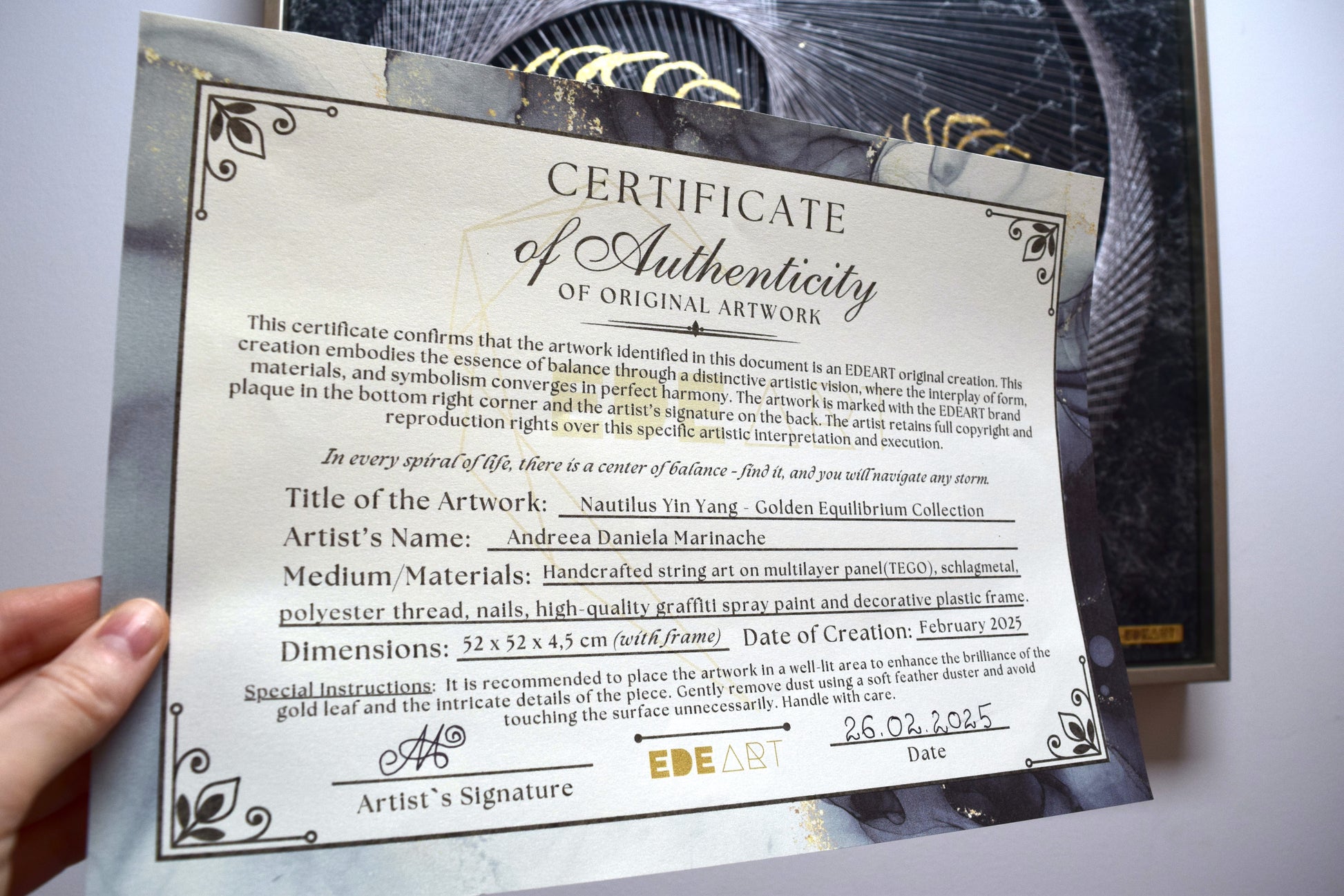 Certificate of Authenticity for Nautilus Yin Yang – confirming originality of the EDEART Concept of this artwork.