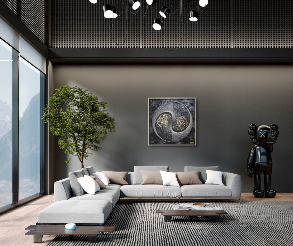 Nautilus Yin Yang artwork in a feng shui-inspired space – radiating harmony, growth, and spiritual balance. Silver toned living room, luxury living room.