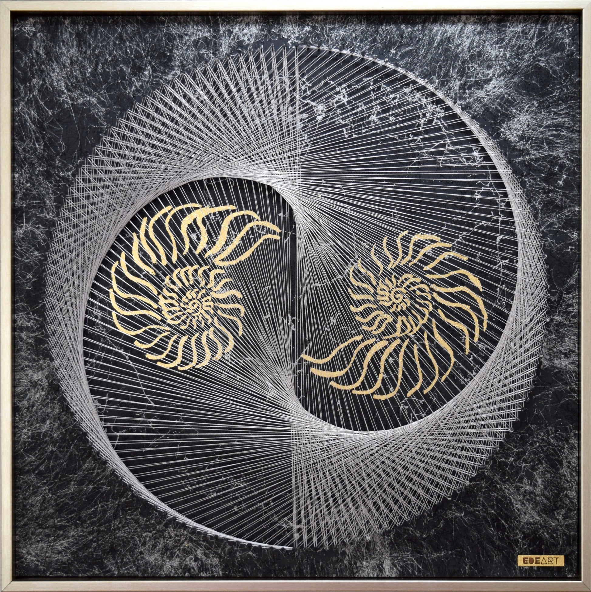 Front view of Nautilus Yin Yang string art – gold leaf nautilus shell, yin yang symbol, silver frame, and strong thread design.