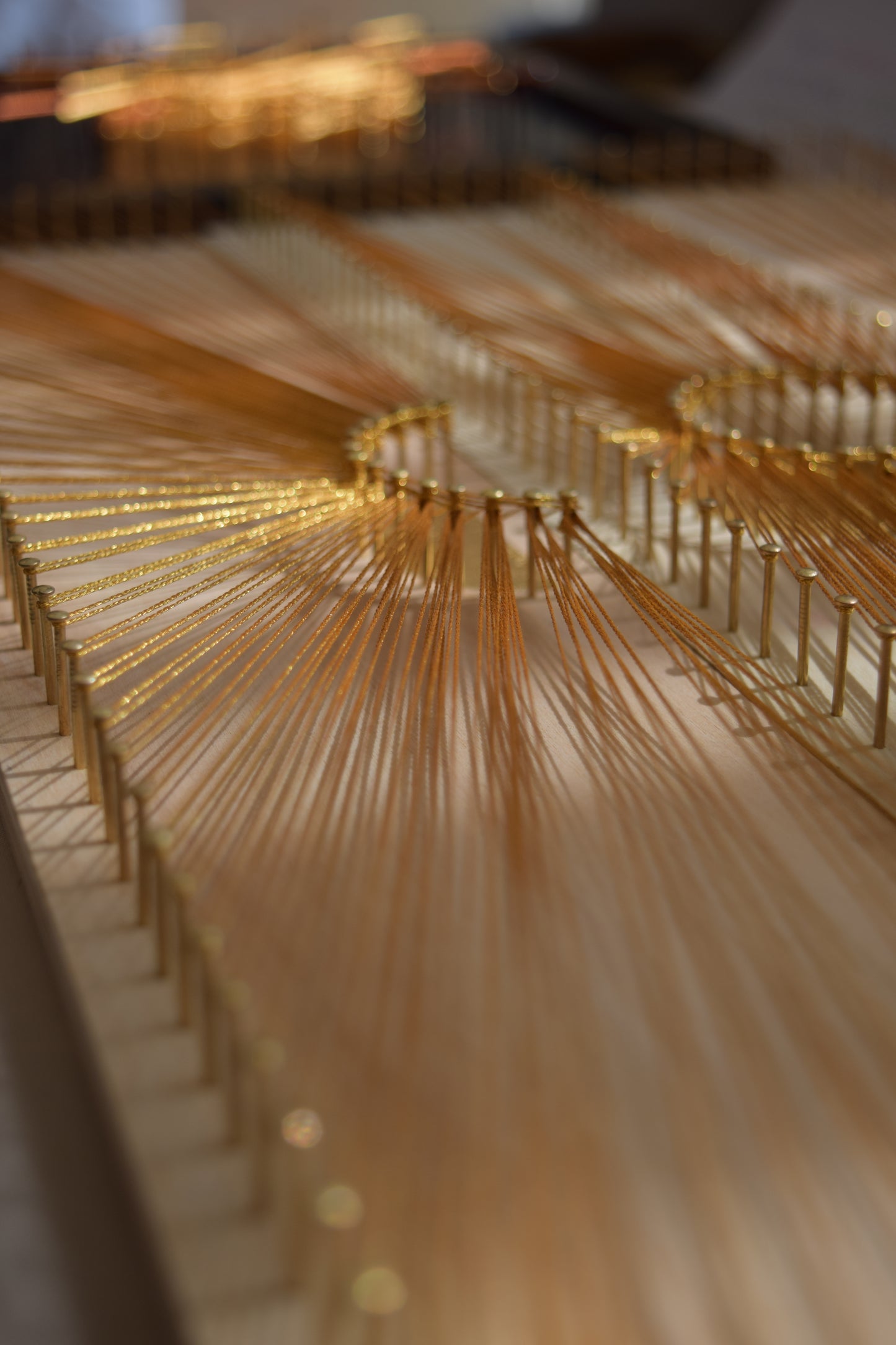 Detailed close-up of shiny gold thread in Sun Phases string art – fine craftsmanship and glowing detail on wood canvas.