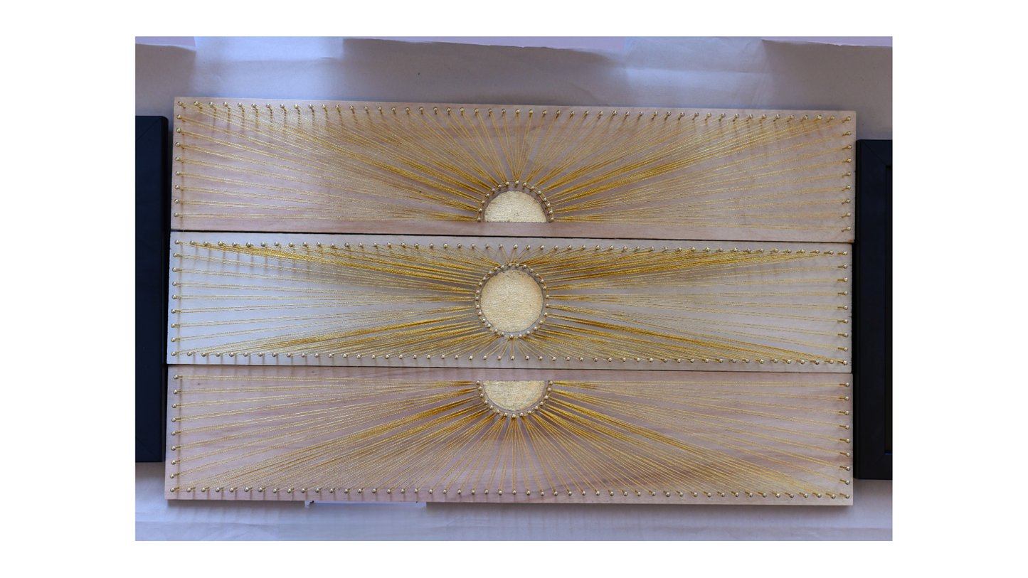 Full view of the Sun Phases string art set – three handmade pieces with gold leaf suns, gold nails, and golden thread on natural wood panels.