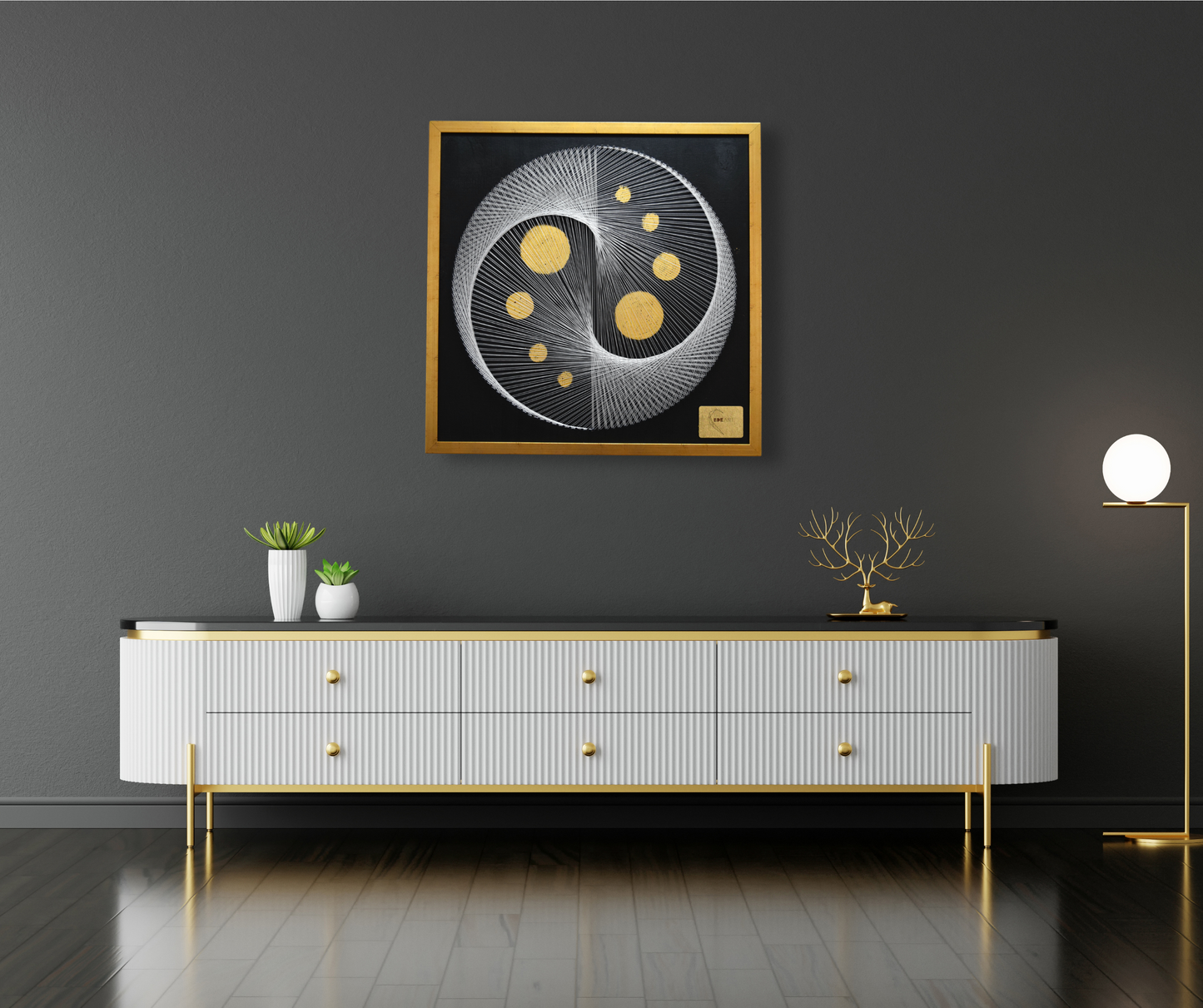 Original artwork displayed above luxury sideboard in a modern living room – statement art for elegant spaces.