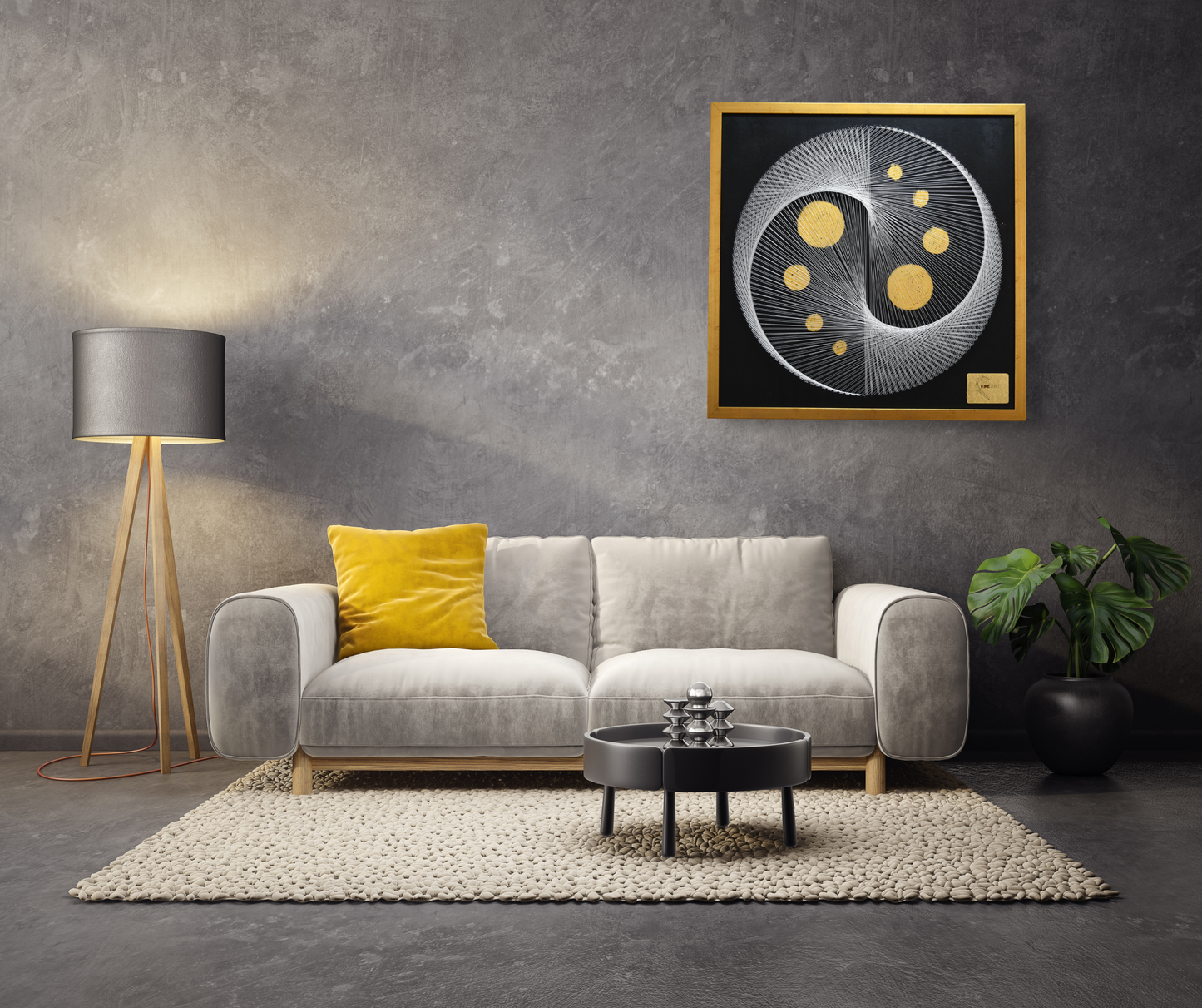 Contemporary living room with White Yin Yang painting – modern string art for stylish interior decoration.