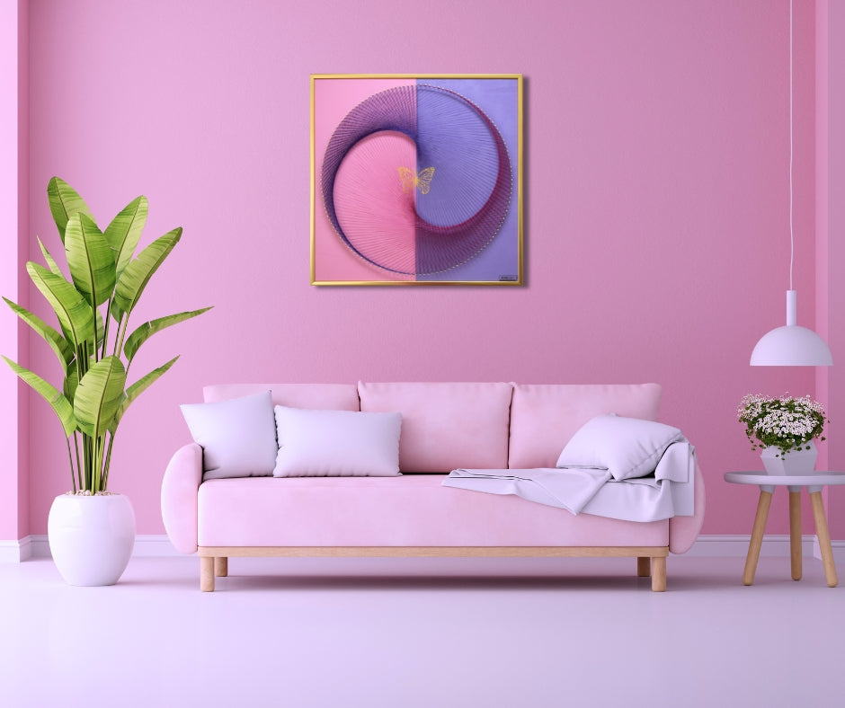 Modern Yin Yang butterfly wall art with 22K gold leaf and abstract string design. Elegant decor for living room, bedroom, or feng shui spaces.
