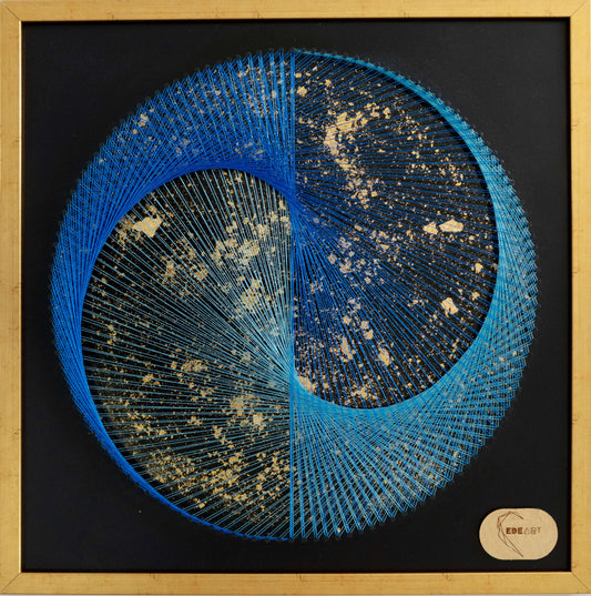 Front view of Blue Galaxy Yin Yang string artwork – black background, blue thread, gold flakes in the center, and elegant gold frame.