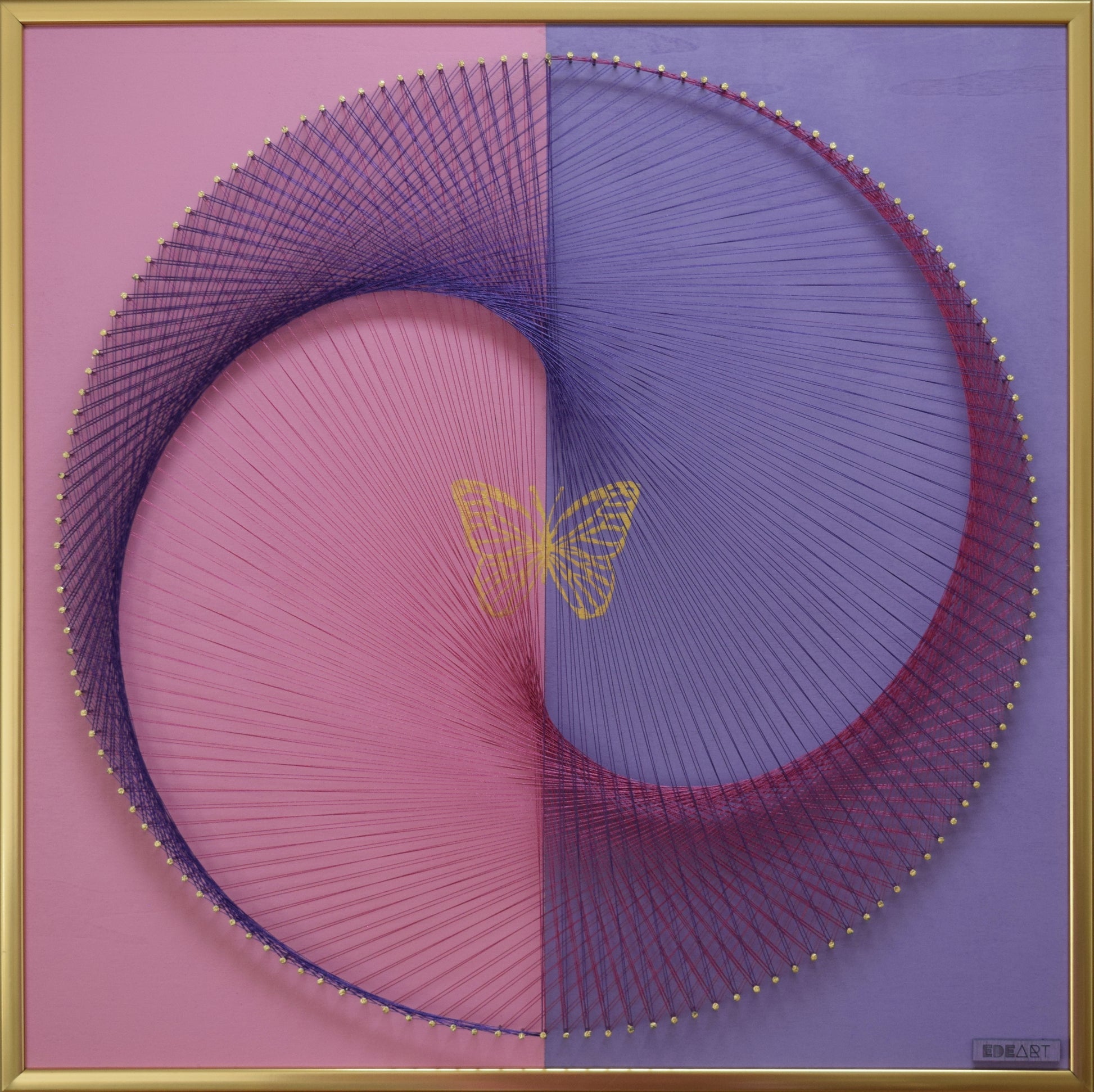 Butterfly Yin Yang string art from Golden Equilibrium collection, handmade with gold leaf, nails, and thread. Symbolic artwork for balance and transformation.
