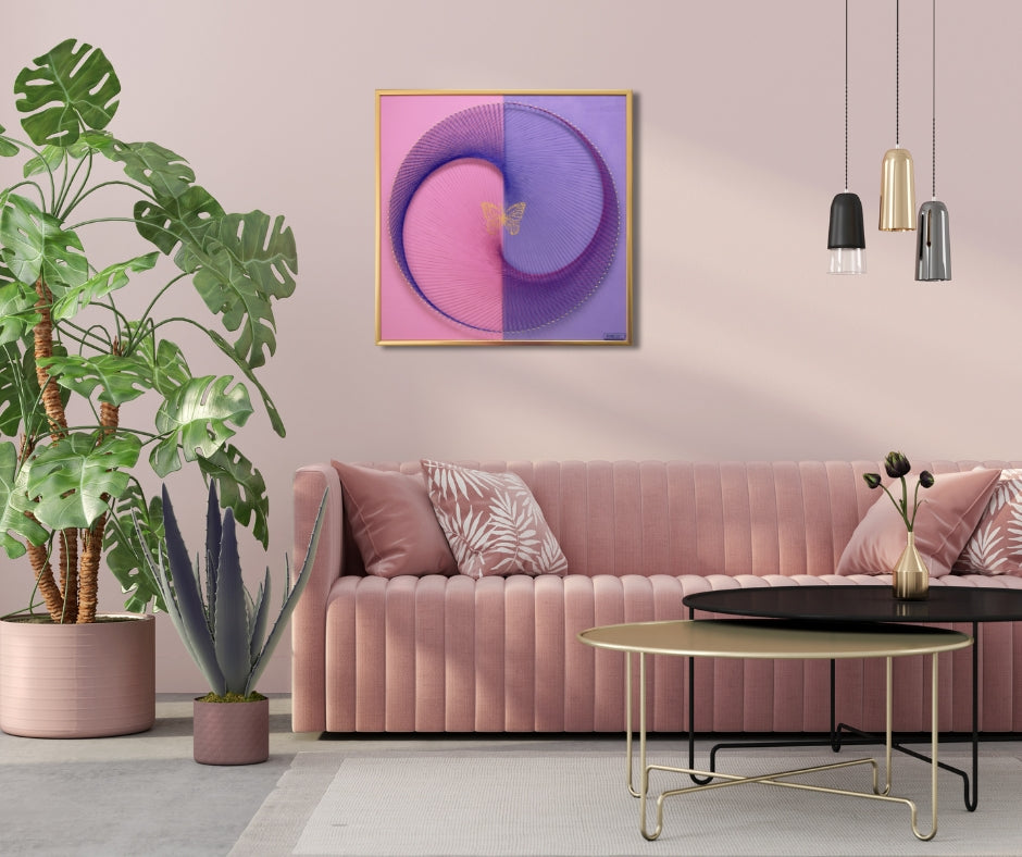 Contemporary symbolic artwork featuring butterfly and Yin Yang, created with thread and gold leaf. Spiritual and decorative piece for modern interiors.