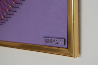 Close-up of EDEART logo on string art artwork, showcasing fine branding and artistic craftsmanship.