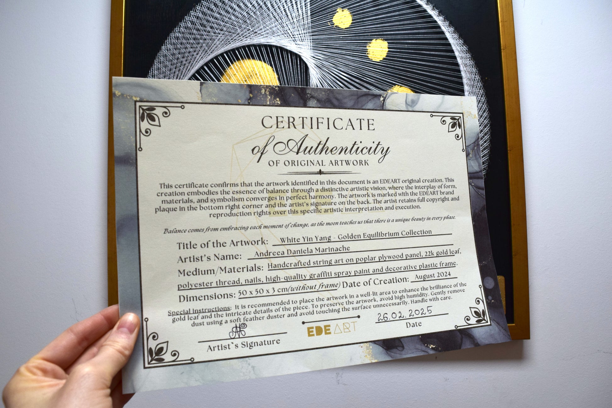 Photo of the Certificate of Authenticity for White Yin Yang artwork by EDEART – original and handmade with 22K gold.