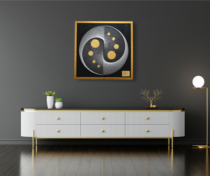 Original artwork displayed above luxury sideboard in a modern living room – statement art for elegant spaces.