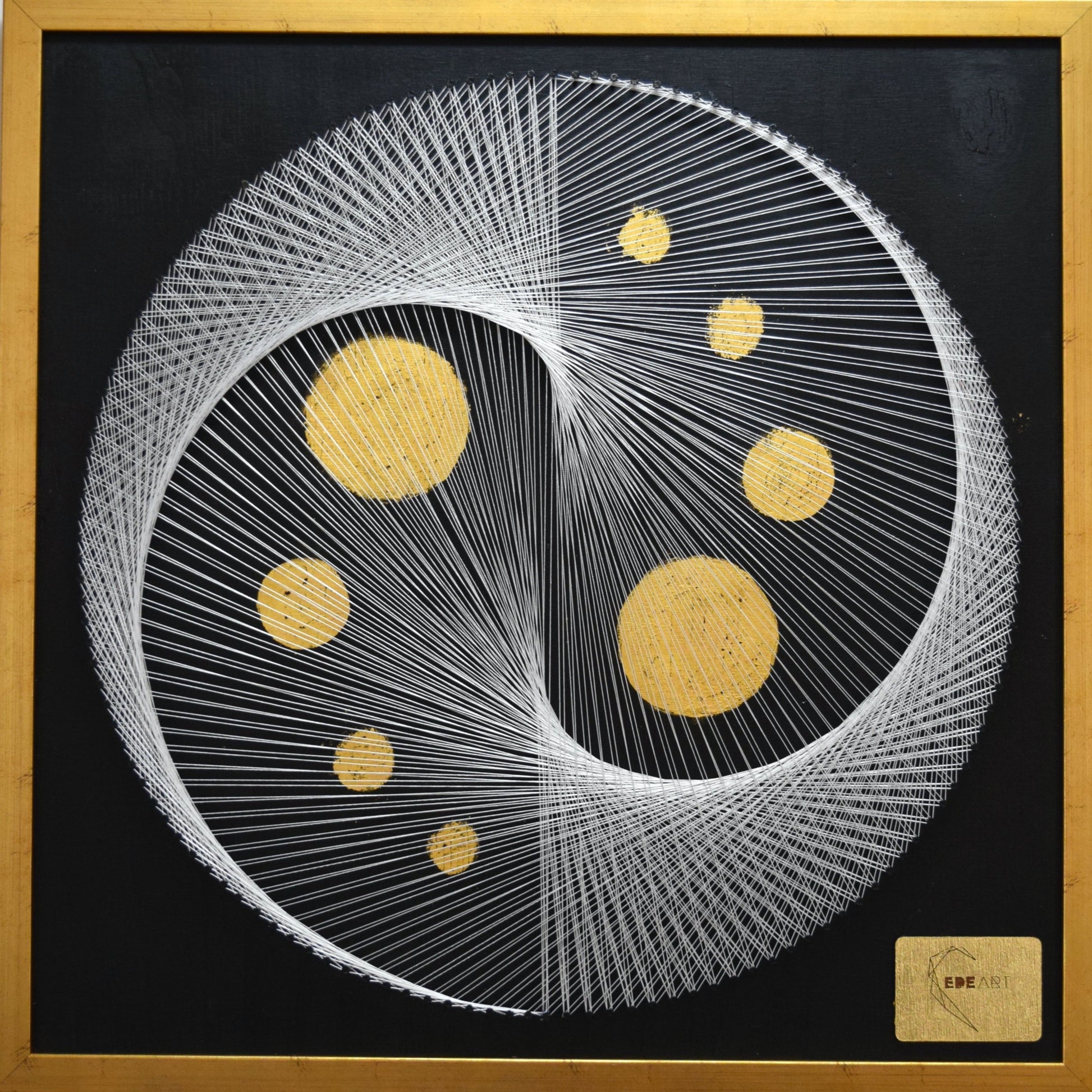 White Yin Yang string art with 8 gold moons, front view – handmade artwork with 22K gold leaf, gold frame, and geometric design.