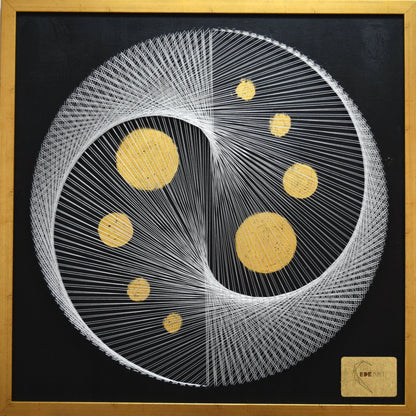 White Yin Yang string art with 8 gold moons, front view – handmade artwork with 22K gold leaf, gold frame, and geometric design.